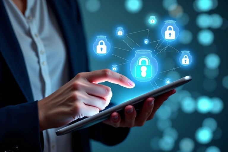 A person reviewing privacy policy on a tablet with abstract data security icons floating around.