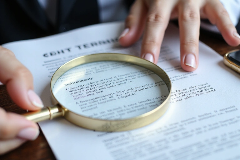 A person reading a legal document with a magnifying glass, symbolizing careful review of terms.